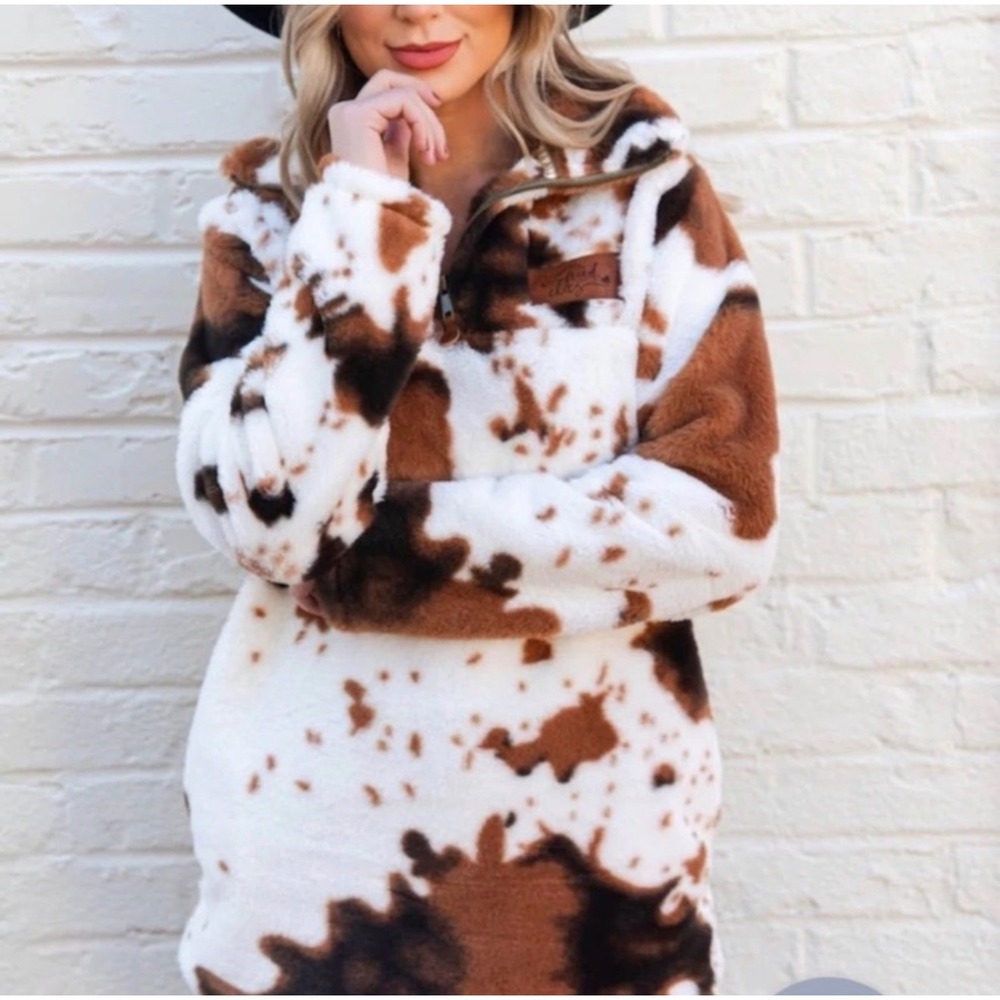 Southern Fried Chics Cow Print Fleece Pullover Brown White Quarter Zip Large